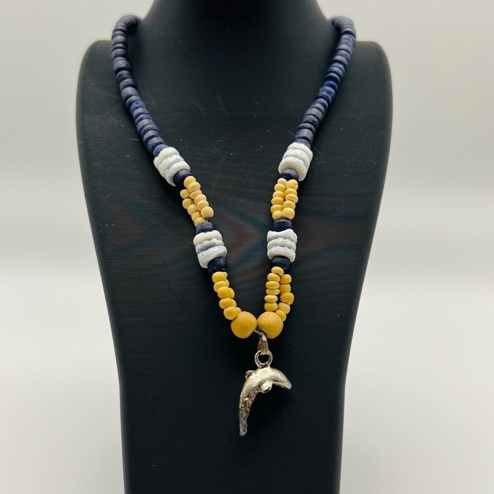 Vintage Beaded Necklace Blue Yellow Dolphin Pendant Surfer Style